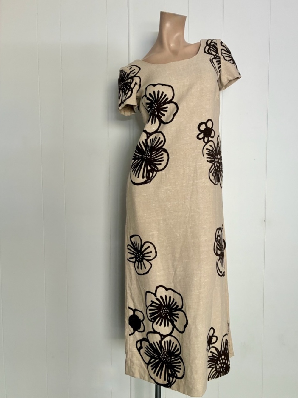 VTG 1960s Linen Maxi Dress Mod Hawaiian Floral S